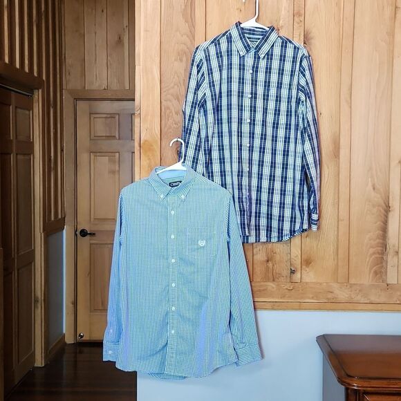 Chaps Long Sleeve Button Down Shirts Bundle, Medium, Blue & White Plaid w/ Logo - Picture 1 of 13